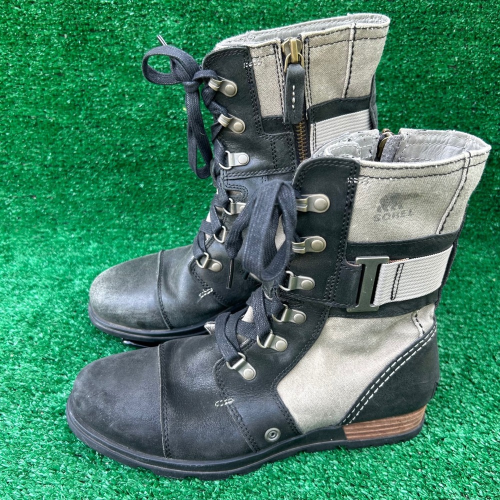 Sorel‎ Major Carly Leather Canvas Boots Black Grill NL2157-252 Womens 7.5
